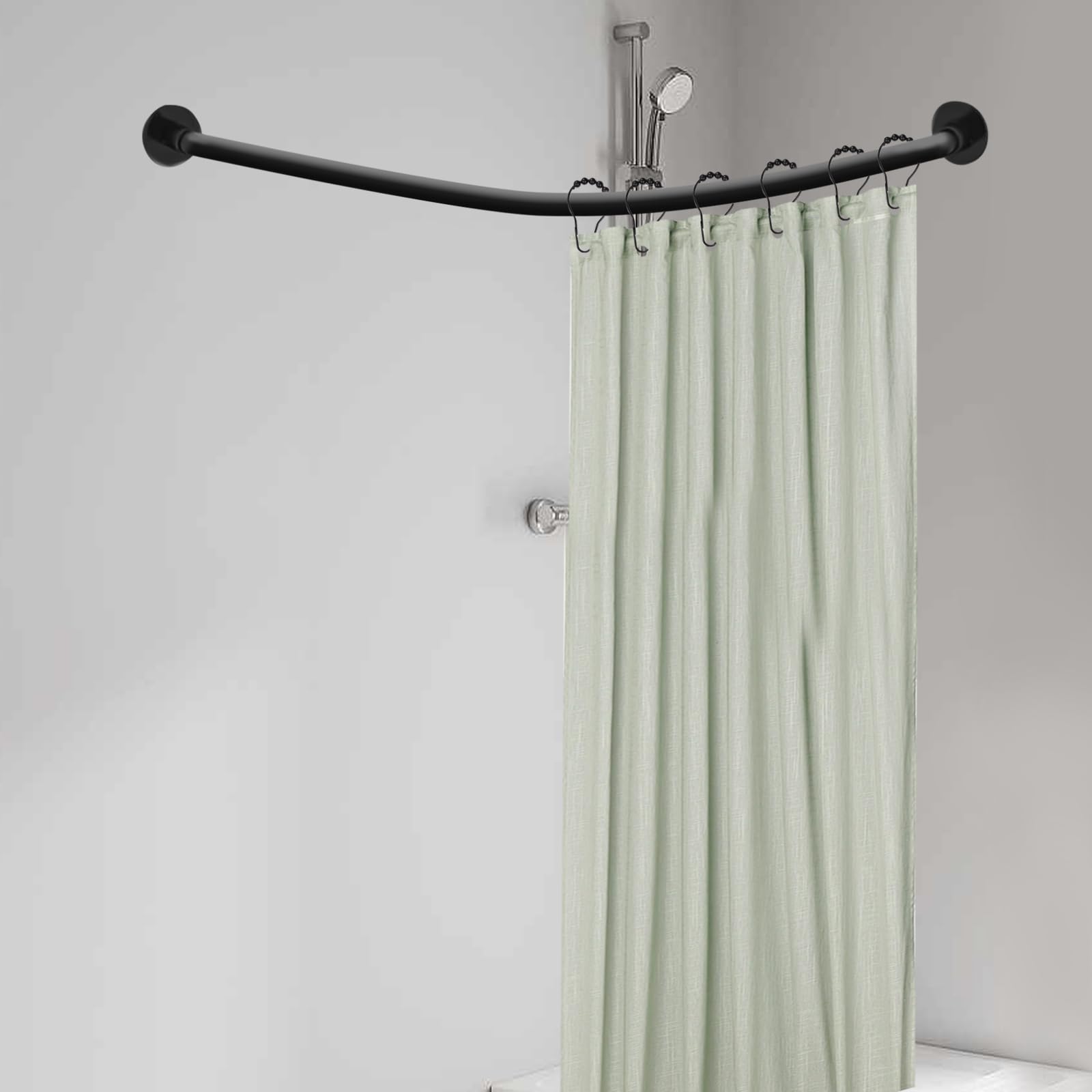 Barra para cortina de ducha en forma de L, 75-95 x 90-130 cm, barra telescópica de acero inoxidable, cortina de ducha esquina, sin taladrar, con 12 ganchos de bolas, para armario, baño, vestuario