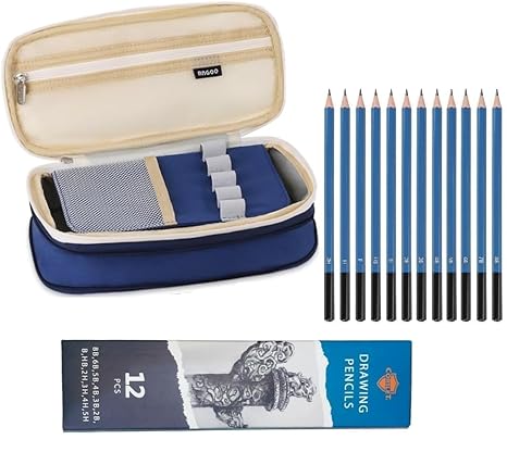 Corslet Large Capacity 3-Compartment Pencil Case, Aesthetic Pencil Pouch for School, Office & College, Cute Stationery Organizer with 12 Pcs Drawing Sketching Pencil Set