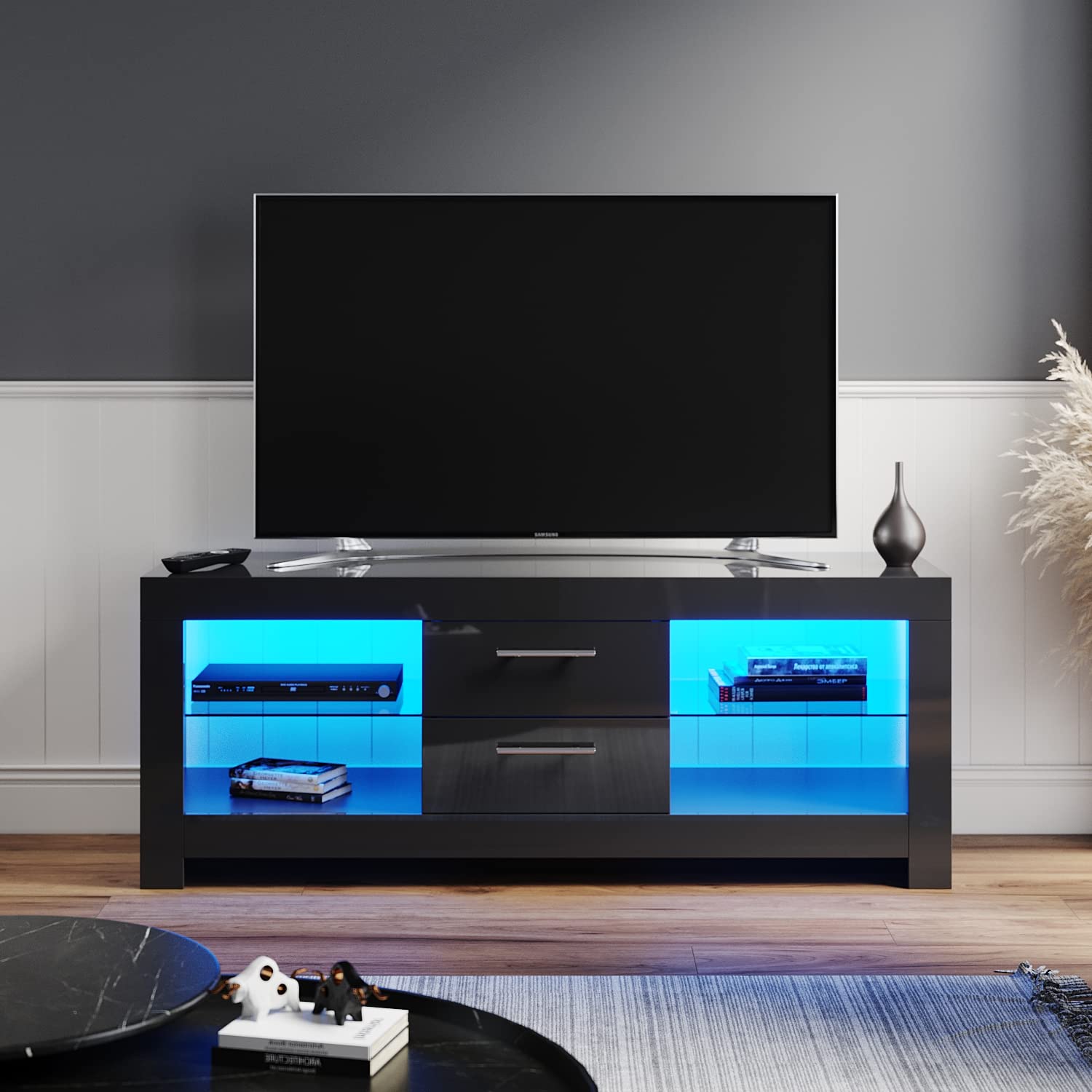 ELEGANT 1300mm Stylish High Gloss Black TV Stand Cabinet Units with Ambient LED Light for Flat Screen 4k TVs LED Lights TV Cabinets with Shelves and Drawers for Living Room Bedroom