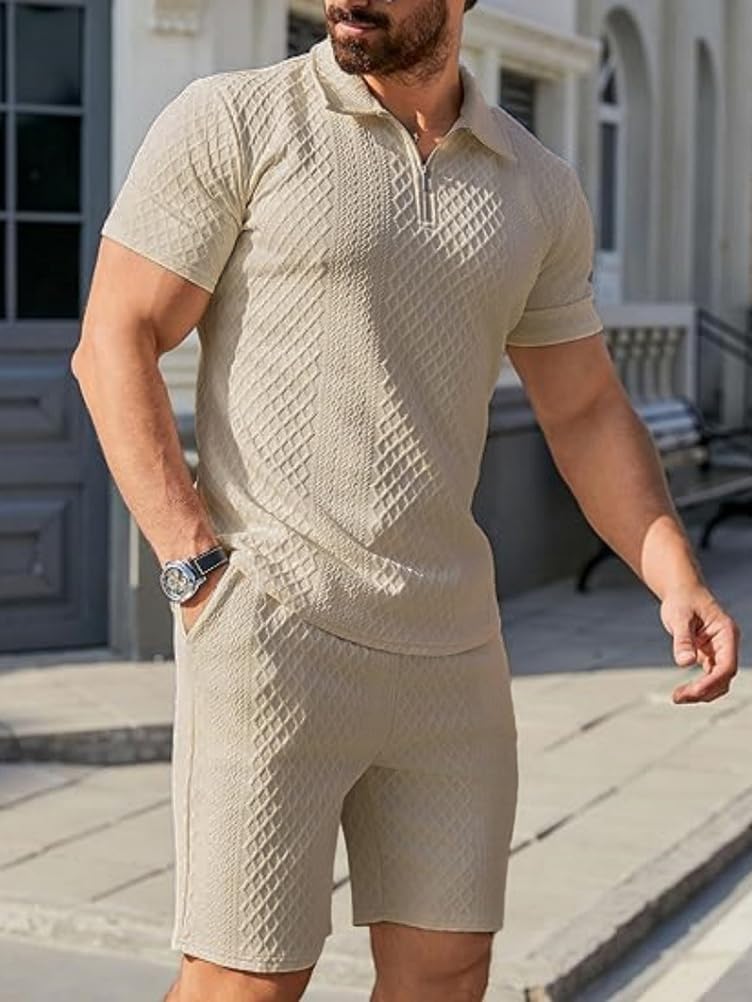 Homme Ensemble Chemises 1/4 Zip Hauts à Manches Courtes 2 Pièce Survêtement Été T-Shirt Chemisette et Pantacourt Bermudas Shorts pour Vacance Loisir