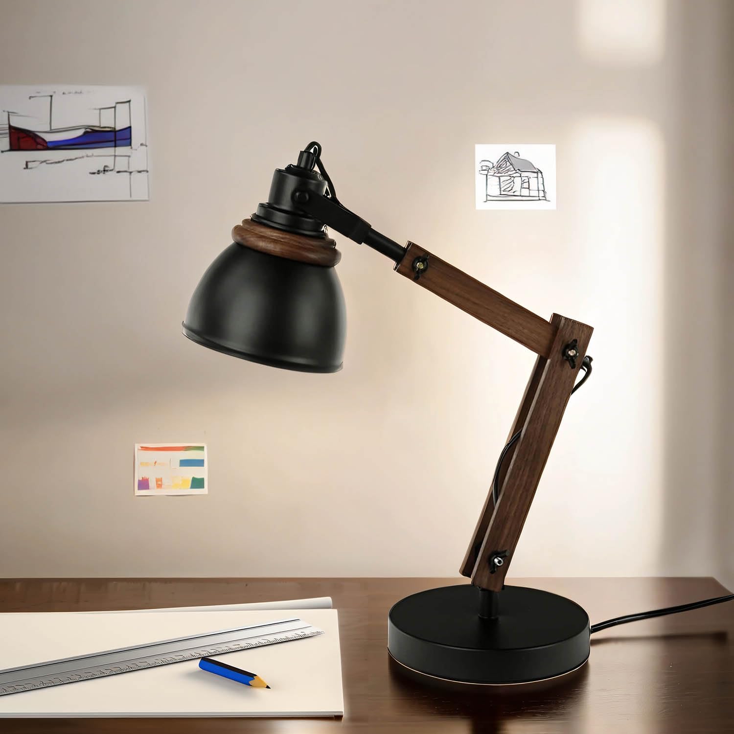 Licht-Erlebnisse Schreibtischleuchte Metall Holz in Schwarz Natur Wohnzimmer Büro H:52 cm E14 Retro gemütlich verstellbare Tischlampe Innen NOAH