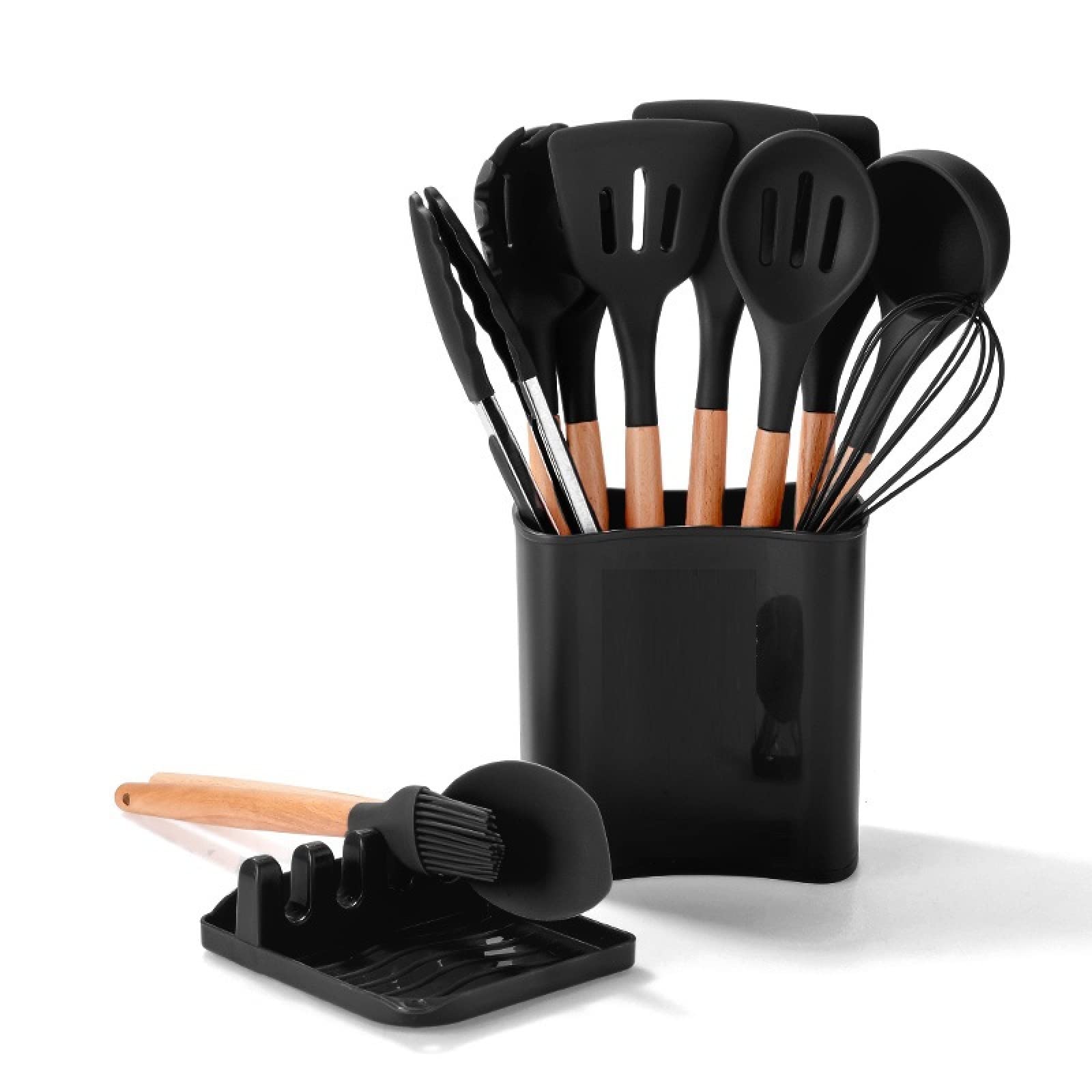 GTHTUHFD Cooking Spatulas And Spoons,Spoon Setcooking Utensils Set Silicone Kitchenware Scraper Oil Brush Egg Whisk Spatula Cooking Utensil Multipurpose Cookware,13pcs Black