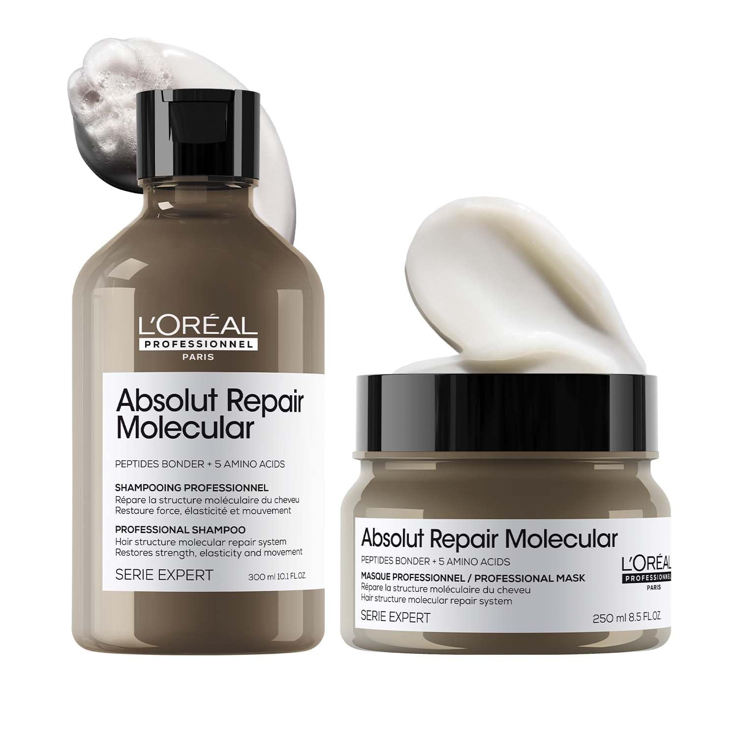 L'Oréal Professionnel Absolut Repair Molecular Sulfate-Free Deep Repairing Shampoo & Cream Mask for Damaged Hair - 300+250ml, Restores Strength With 2% Peptides Bonder & 5 Amino Acids