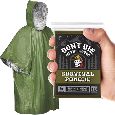 Don't Die In The Woods - Rain + Heat Emergency Poncho - Wearable Mylar Space Blanket For Hiking, Camping, First Aid, Survival