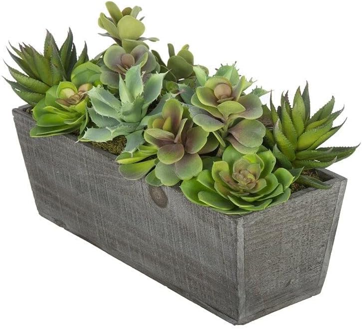 Artificial Succulent Garden in Rectangle Planter (Light Grey Wood)