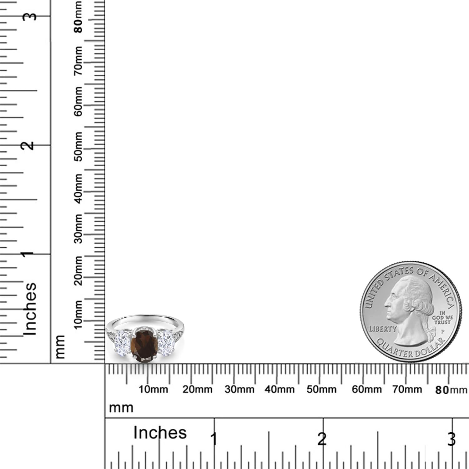 Gem Stone King 10K White Gold Brown Smoky Quartz White Moissanite and White Lab Grown Diamond 3 Stone Engagement Ring For Women (2.24 Cttw, Gemstone Birthstone)