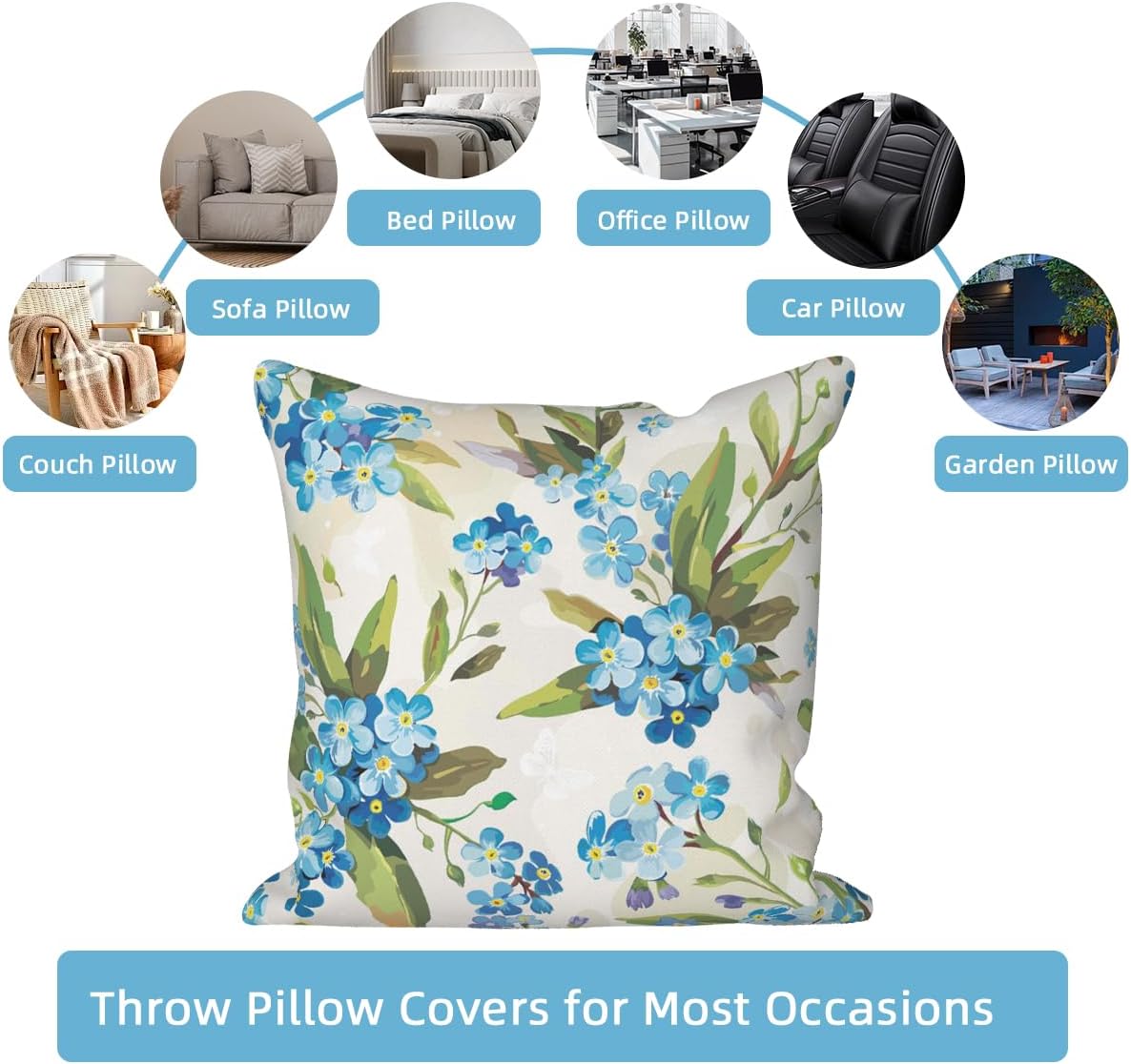 Blue Flower Throw Pillow Covers Green Leaves Watercolor Wildflower Plants Sweet Fresh Rustic Style 24x24 Set of 4 Square Cushion Covers Couch Sofa Bedroom Farmhouse Patio Garden Livingroom - Image 9