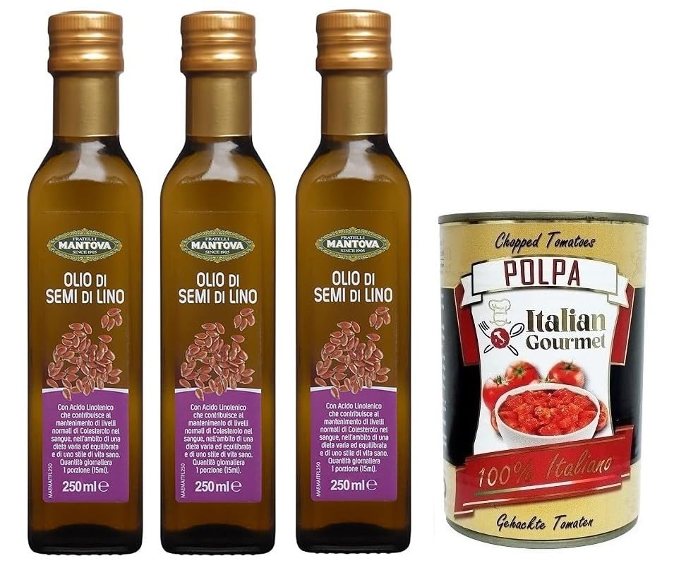 3x Fratelli Mantova Olio Semi di Lino Leinsamenöl,Leinöl,Reich an Omega 3,Glas 250ml + Italian Gourmet Polpa di Pomodoro 400g Dose