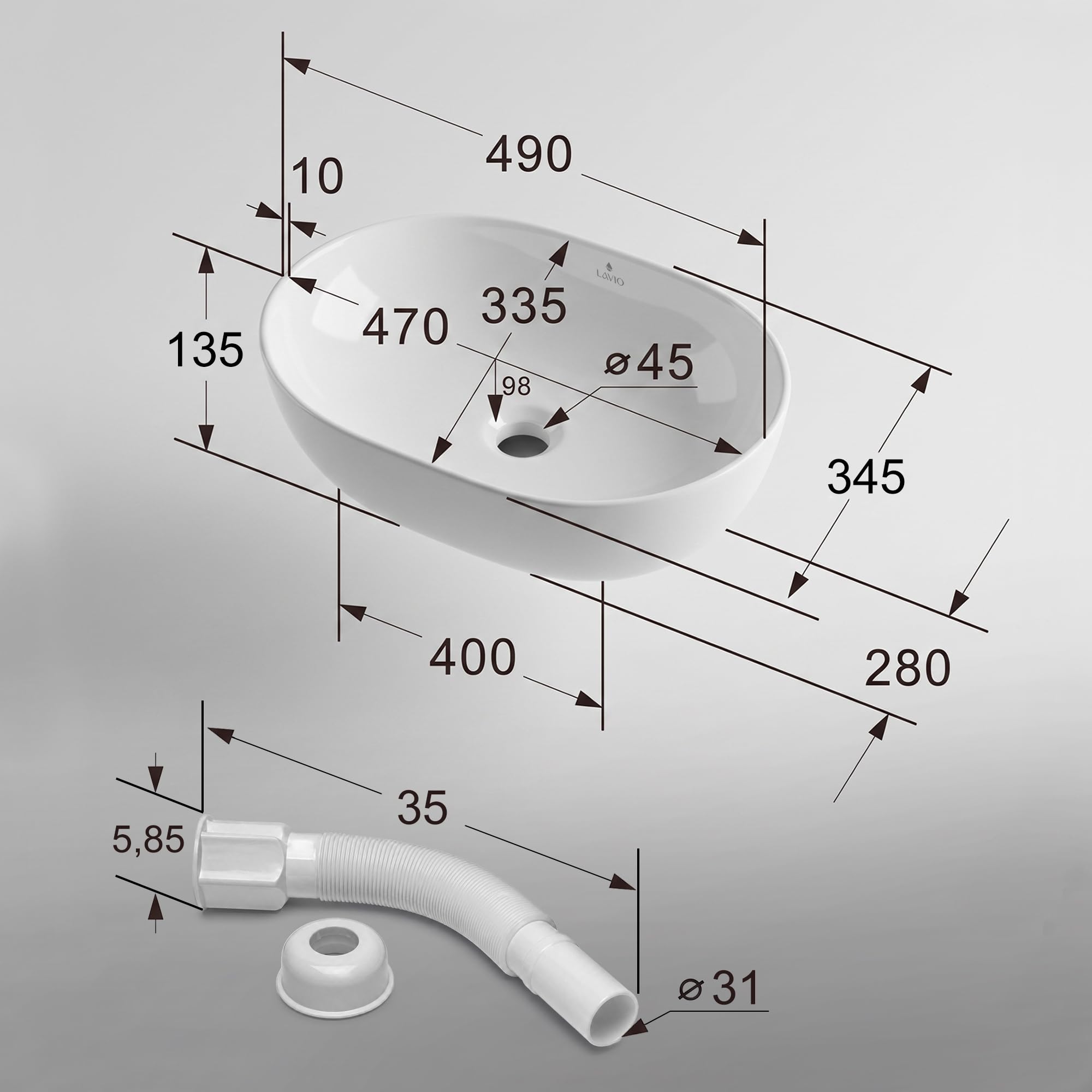 AKORD Lavabo sobre Encimera Oval Elipse, Lavamanos de Cerámica para Baño, sin Orificio de Grifo, 49 x 34,5 x 13,5 cm, Blanco brillante