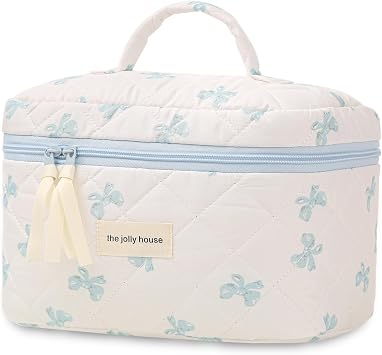 Large Travel Quilted Makeup Bag for Women Girls, Floral Cosmetic Bag, Cute Coquette Aesthetic Flowers Toiletry Organizer Bag Blue Bow