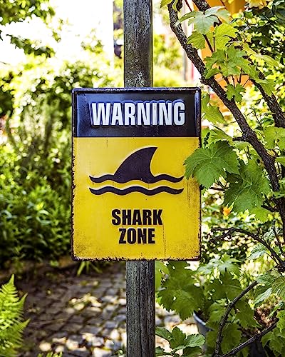 Großes 40 x 30 cm Hinweis Pool Schild Blechschild lustiger Spruch: Warning - Shark Zone! Achtung Hai - Schwimmen auf eigene Gefahr