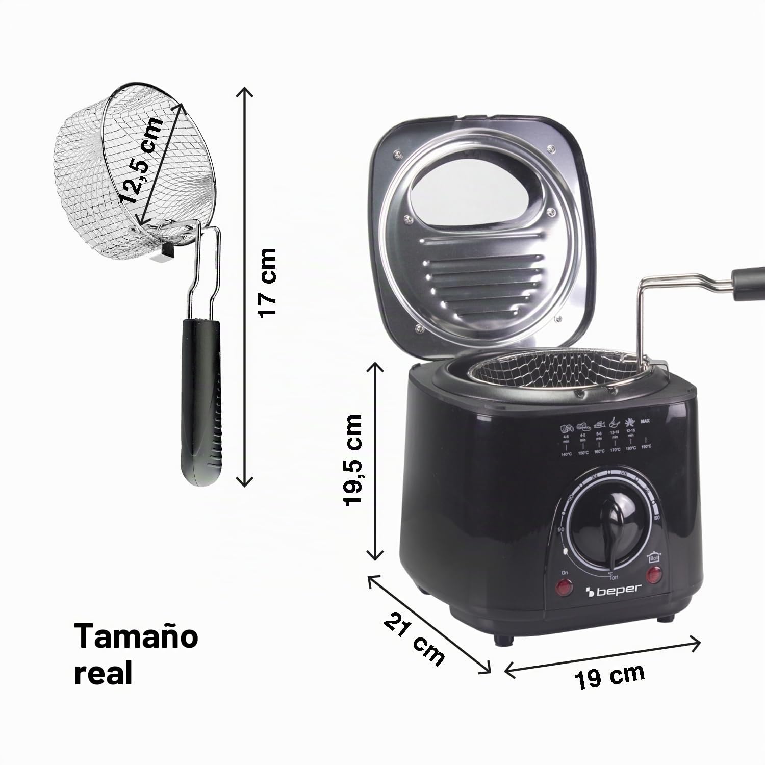 BEPER P101FRI100 MINI Freidora eléctrica 1L, 850-950W, Cesta de acero extraíble, Tapa con ojo de buey, Filtro lavable extraíble, Temperatura regulable, Pies antideslizantes, Negro