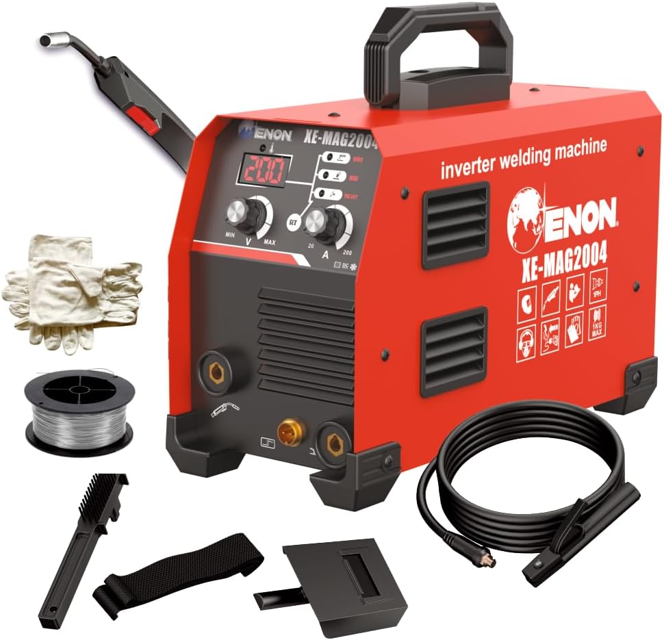 - ENON 3-in-1 IGBT Inverter Welding Machine, MAG/MMA/TIG Lift, 200A Output, Advanced IGBT, Electrodes 1.6-3.2mm & Flux Wire 0.8/0.9/1.0mm, Hot Start & Anti-Stick, Home/DIY/Workshop Use (XE-MAG2004)