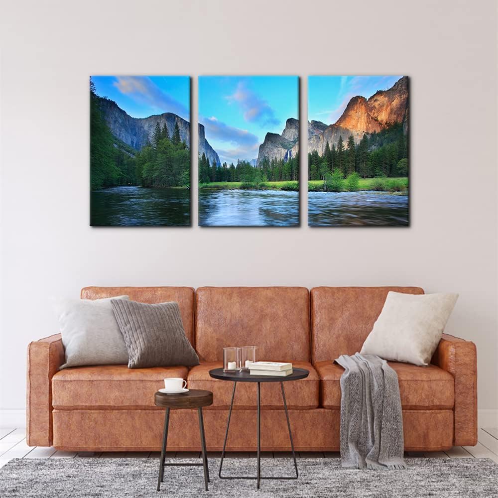 Mountain Canvas Wall Art Panorama of Yosemite Valley Malarstwo Jezioro Plakat Krajobraz Natures Prints Dekoracja salonu(40 x 60 cm x 3 / bez ramki)
