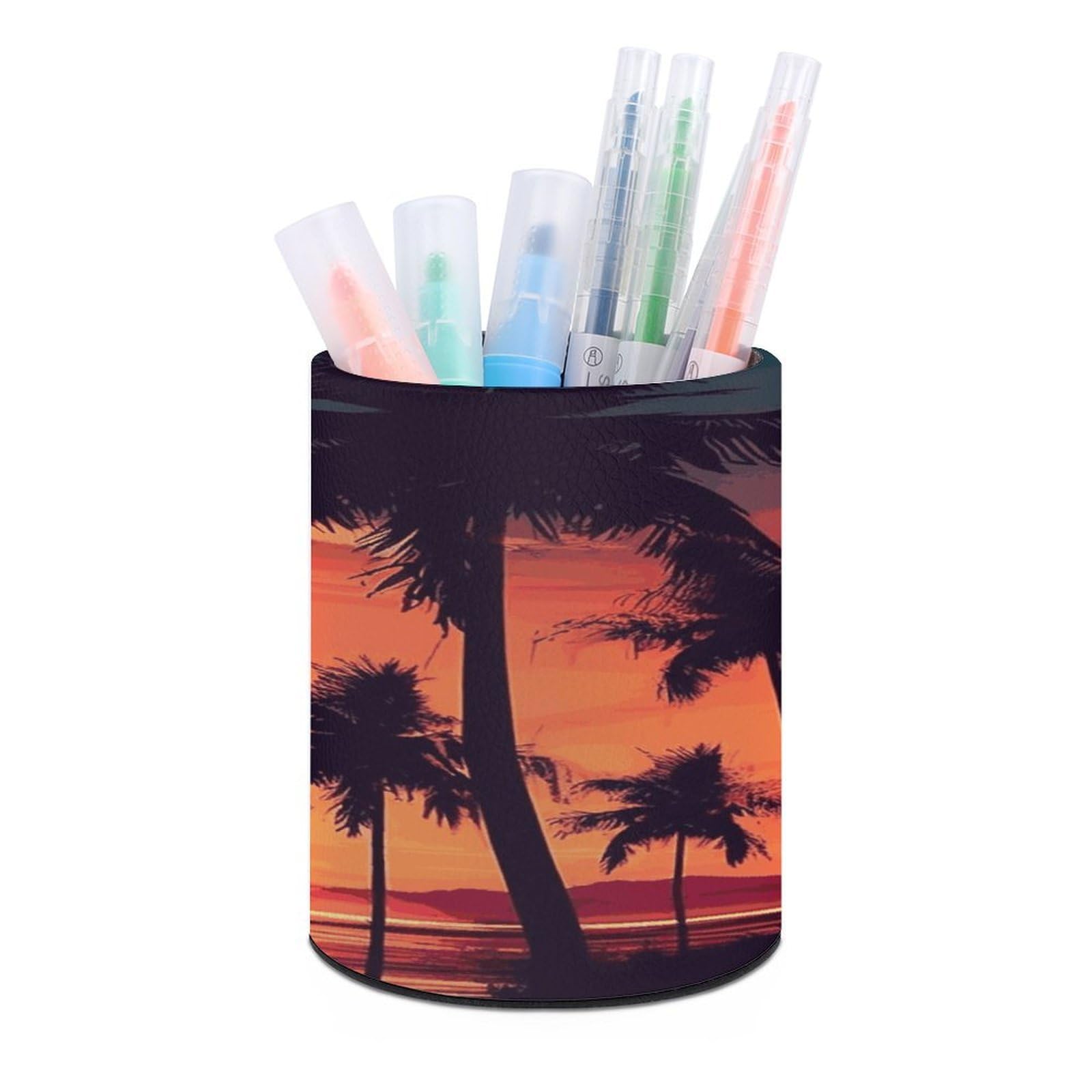 FekiLoot Palm Tree Summer Sunset Pen Holder Cup Fashion PU Leather Pencil Cup Minimalist Pen Organizer Round Pencil Holder Stand Work Locker Accessories for Decoration Desk Office Home