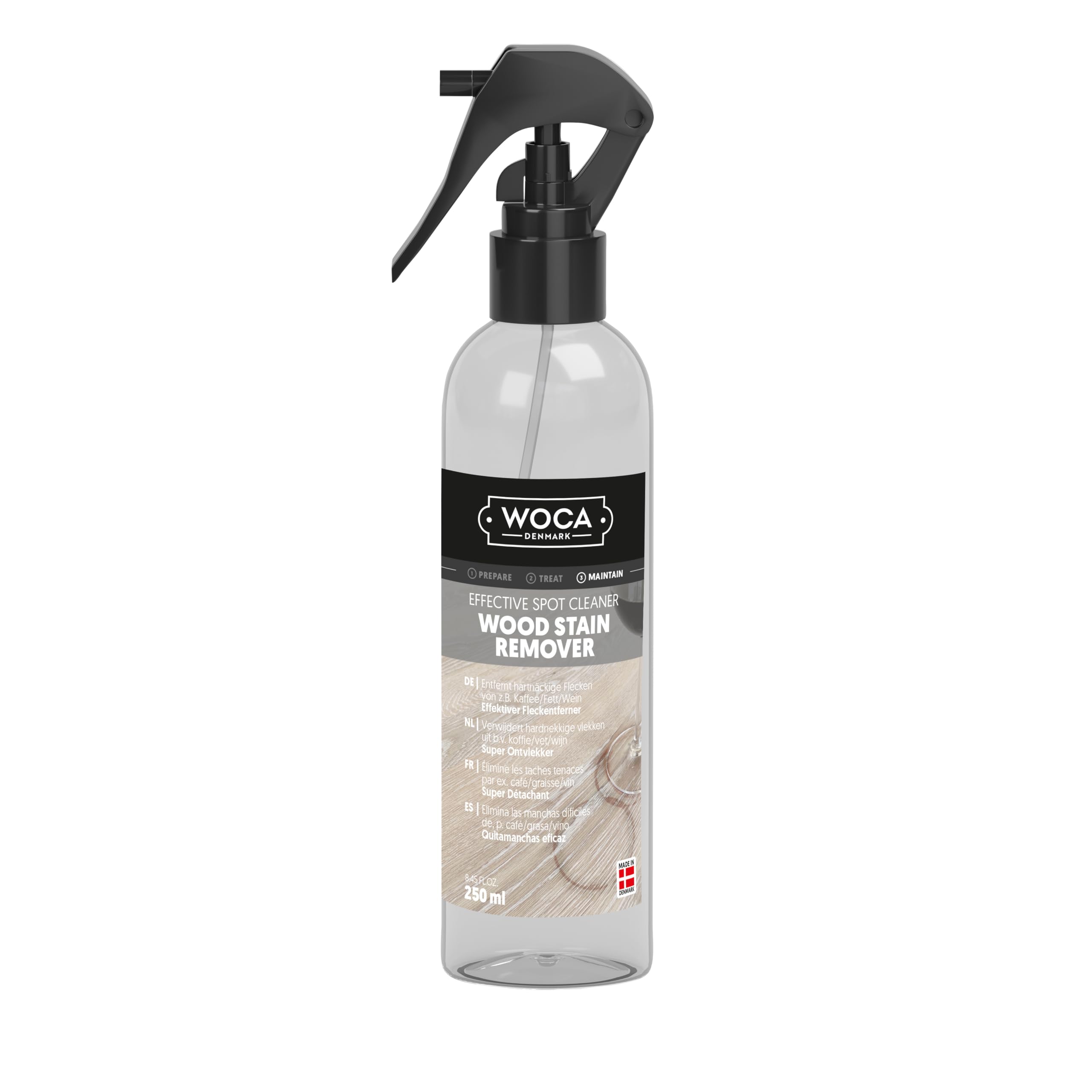 WOCA Denmark Wood Stain Remover – Water-Based Spot Cleaner for Furniture, Cabinets, Floors & Butcher Block – Removes Wine, Grease, Coffee, Blood, Tea – 250ml