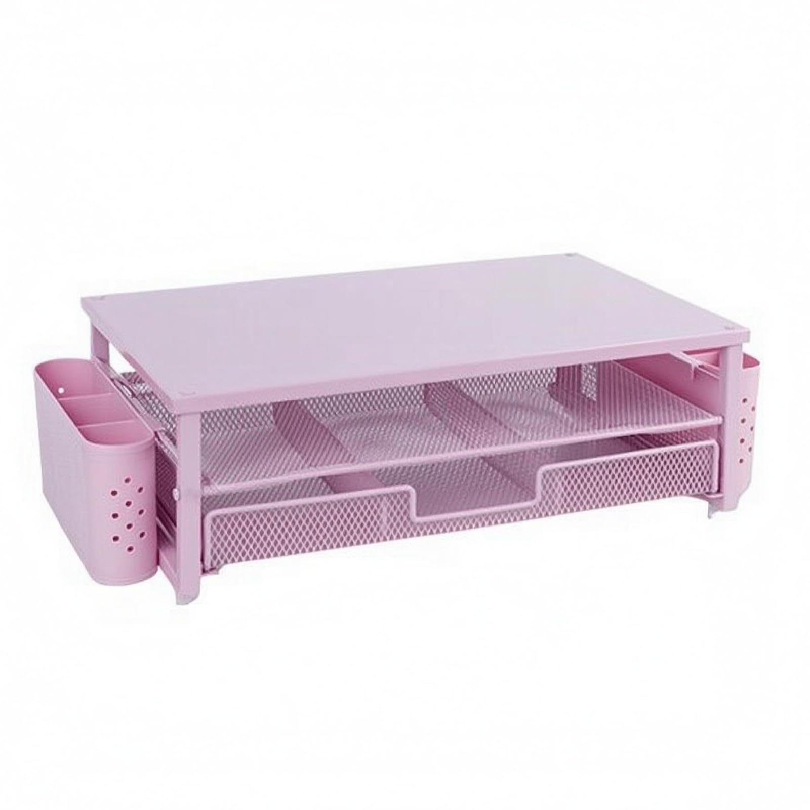 Desk Organizer Supporto Riser Scaffale Scrivania Portapenne Cassetto in Metallo a Rete Struttura Stabile E Ventilata per Rialzo Schermo E Ordine , Rosa