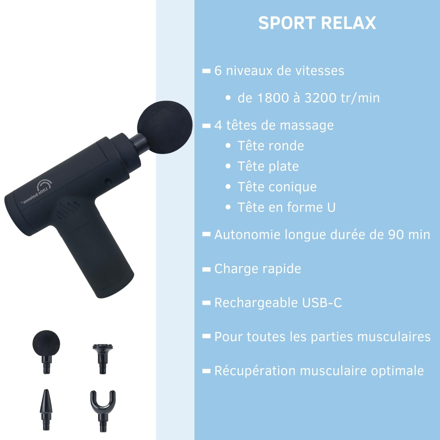 LITTLE BALANCE 8787 Sport Relax, Pistolet de massage, Appareil de massage électrique pour tissus profonds, 4 têtes de massage interchangeables, 6 vitesses, Relaxation, Auto massage, Noir