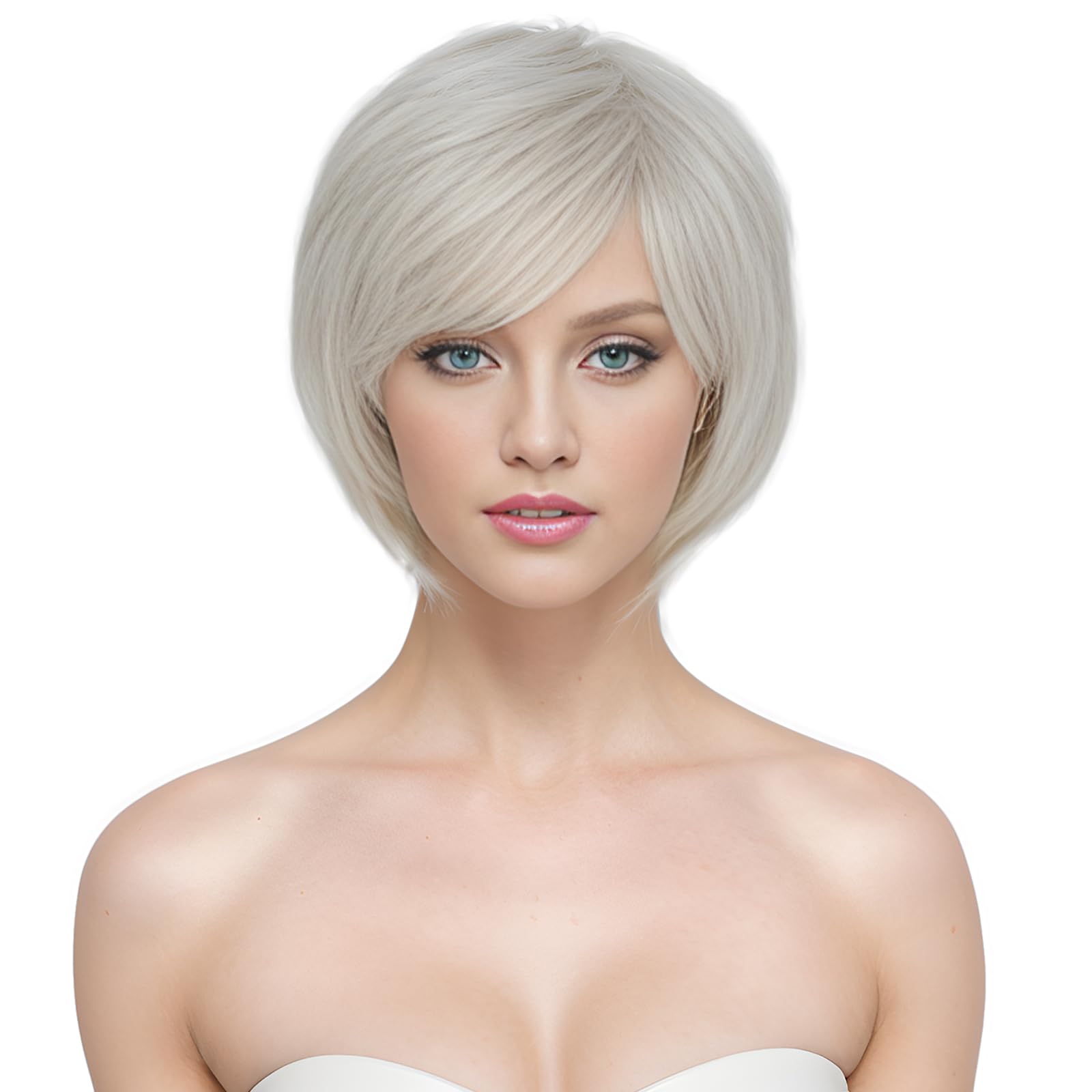 Yamel White Grey Wig Pixie Wig with Bangs for Daily Use or Cosplay, Natural Straight Layered Synthetic Hair Short Wigs for Women Ladies