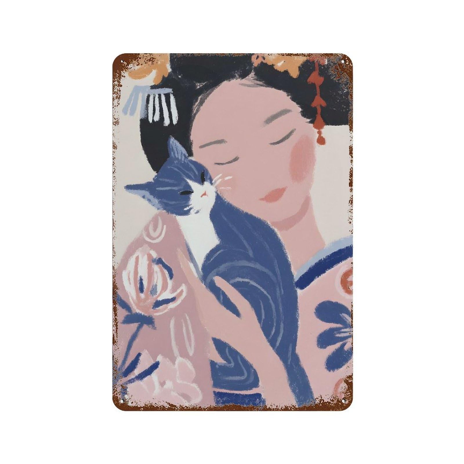Geisha with Cat Illustration Rust Effect Tin Sign 11.8"x7.9", Old School Wall Decor for Living Room, Hallway And Home Decor