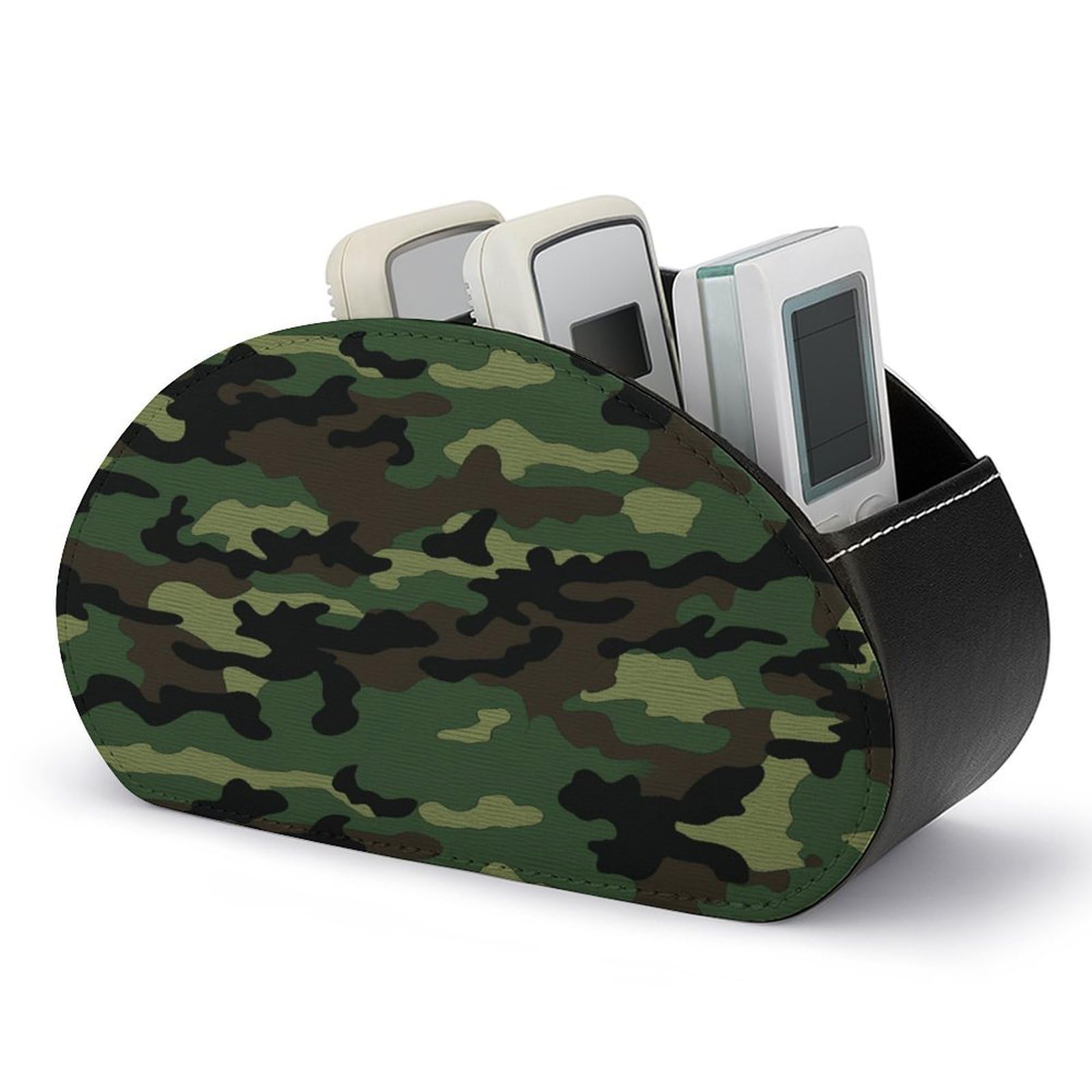 VstaDank Green Military Camo Remote Control Holder with 5 Compartments PU Leather Remote Caddy Desktop Organizer Store TV Remote Control Storage Box for Home Office Desk Nightstand
