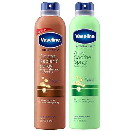 Vaseline Spray radiante de cacao + espray calmante de aloe, paquete de 2 variedades, no graso, de rápida absorción para piel seca, 6.5 onzas Ea
