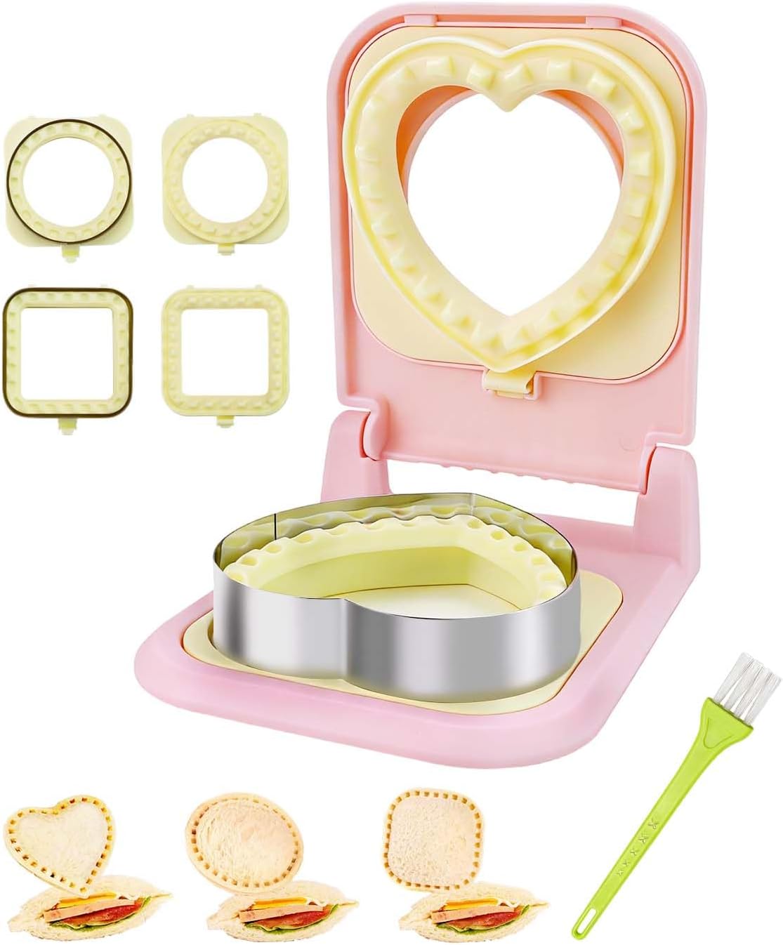 CHICHAUS 3-in-1 Uncrustable Sandwich Maker - Heart/Circle/Square Crustless Sandwich Cutter & Sealer for Kids' Lunch, Breakfast & Lunchboxes | BPA-Free Press, Easy Clean, Food-Grade PP (Pink)