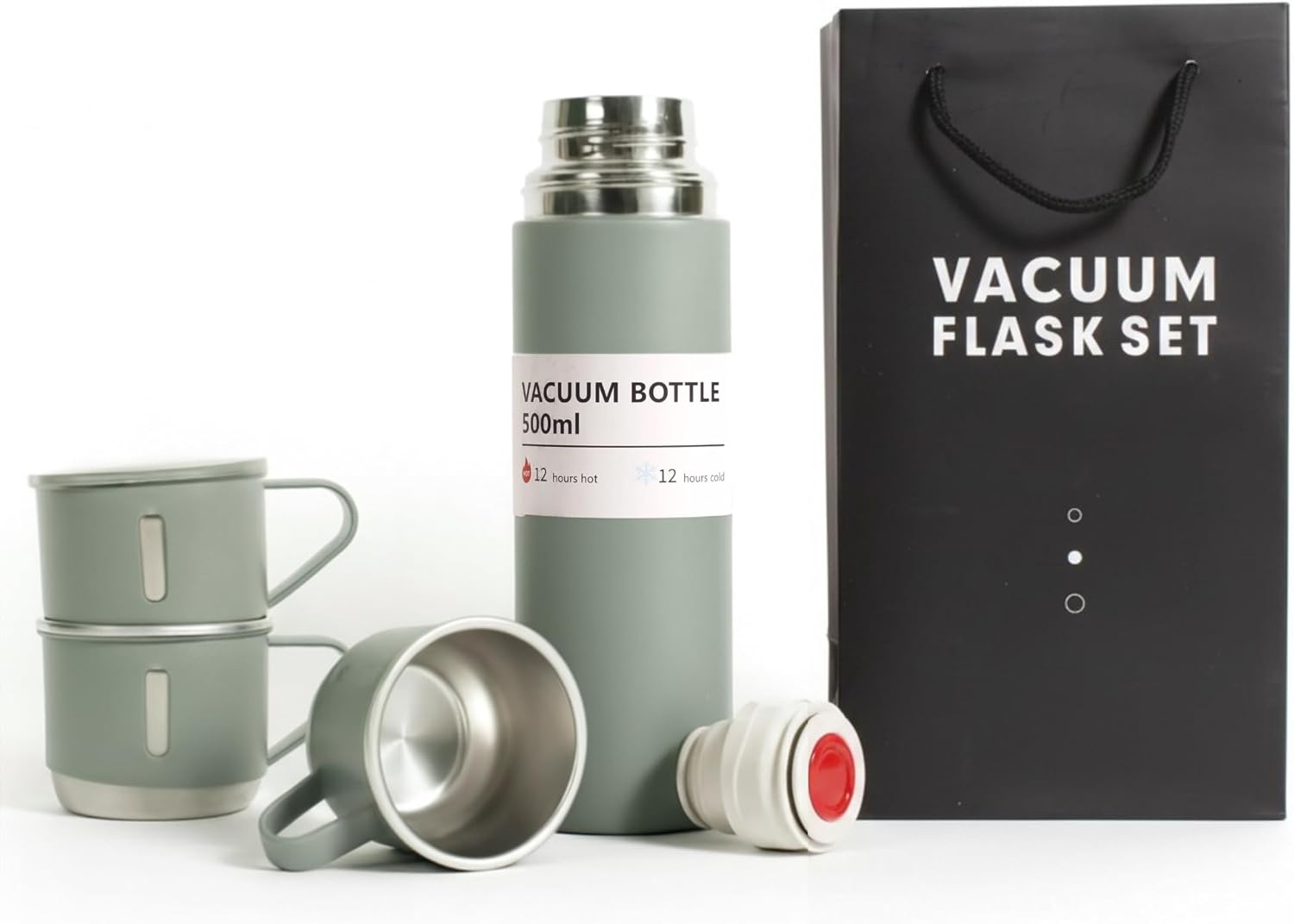 Juego de botellas verdes al vacío, botella de agua aislada de acero inoxidable con 3 tazas, botella de agua térmica para bebidas calientes y frías,