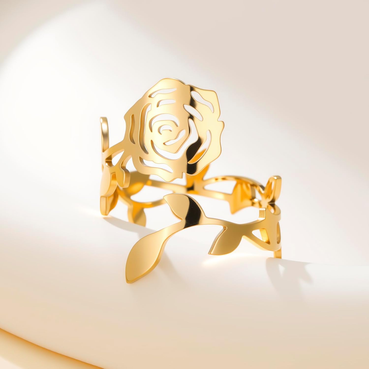 kkjoy Rose Ring Stainless Steel Adjustable Stacking Rose Flower Love Promise Ring for Women Charming Ladies - Image 5