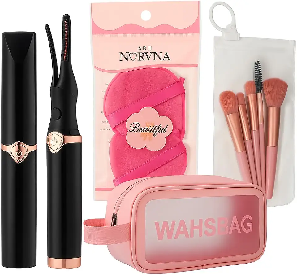 Delineador Curvador de Cílios Elétrico + Necessaire + Pinceis de Maquiagem e Esponjas Removedoras – Modelador Térmico Portátil Longa Duração e Acabamento Profissional
