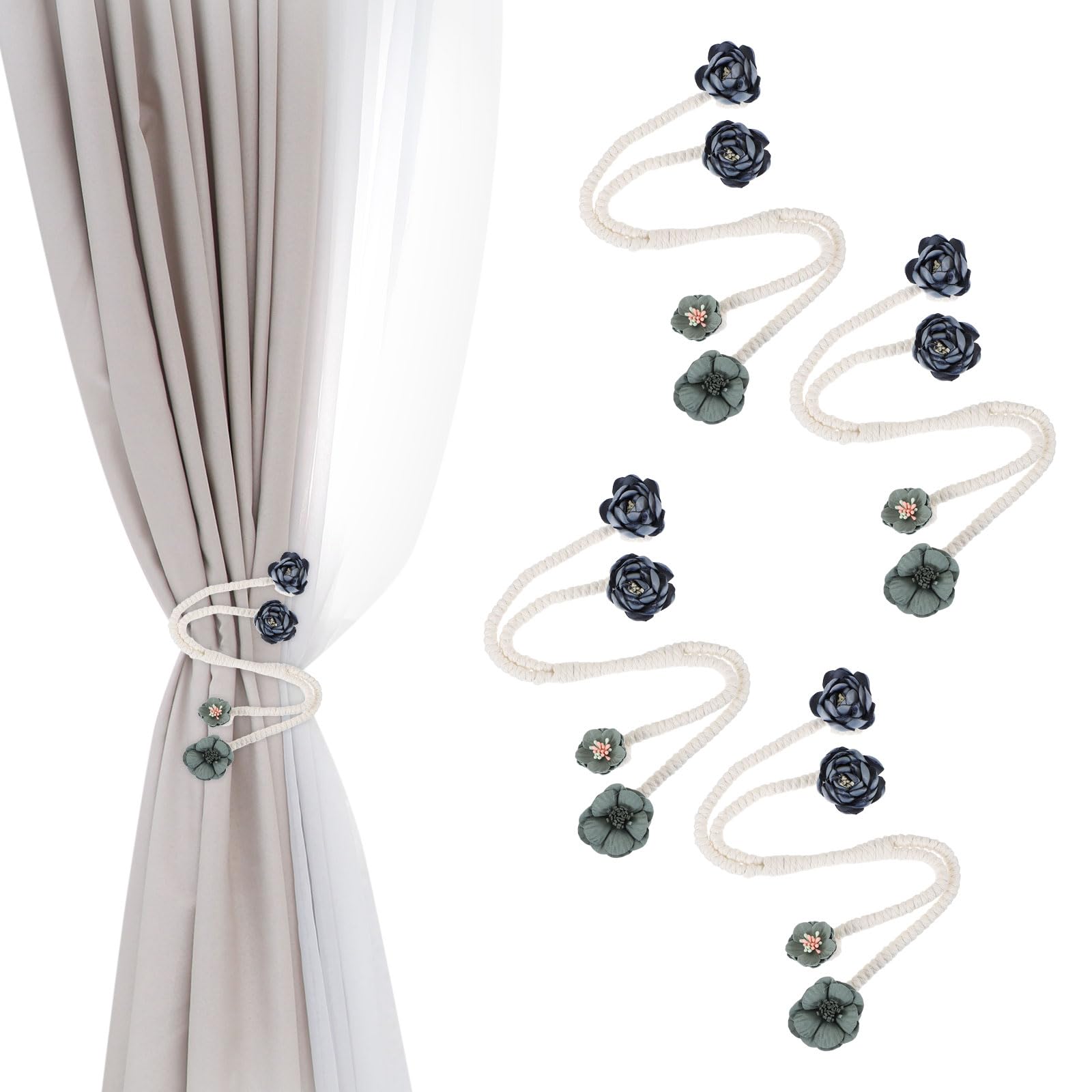 Sujetacortinas de flores artificiales azul PATIKIL pack de 4 unidades bohemias