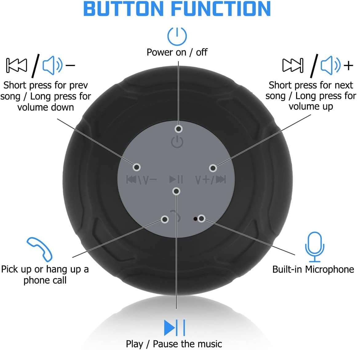 Bluetooth Shower Speaker Waterproof Wireless Mini Small Cute Portable Water Resistant Speaker Suction Cup, Built-in Mic Speakerphone for Kids, Husbands, Wife Gift Bathroom Kitchen Outdoor - Black