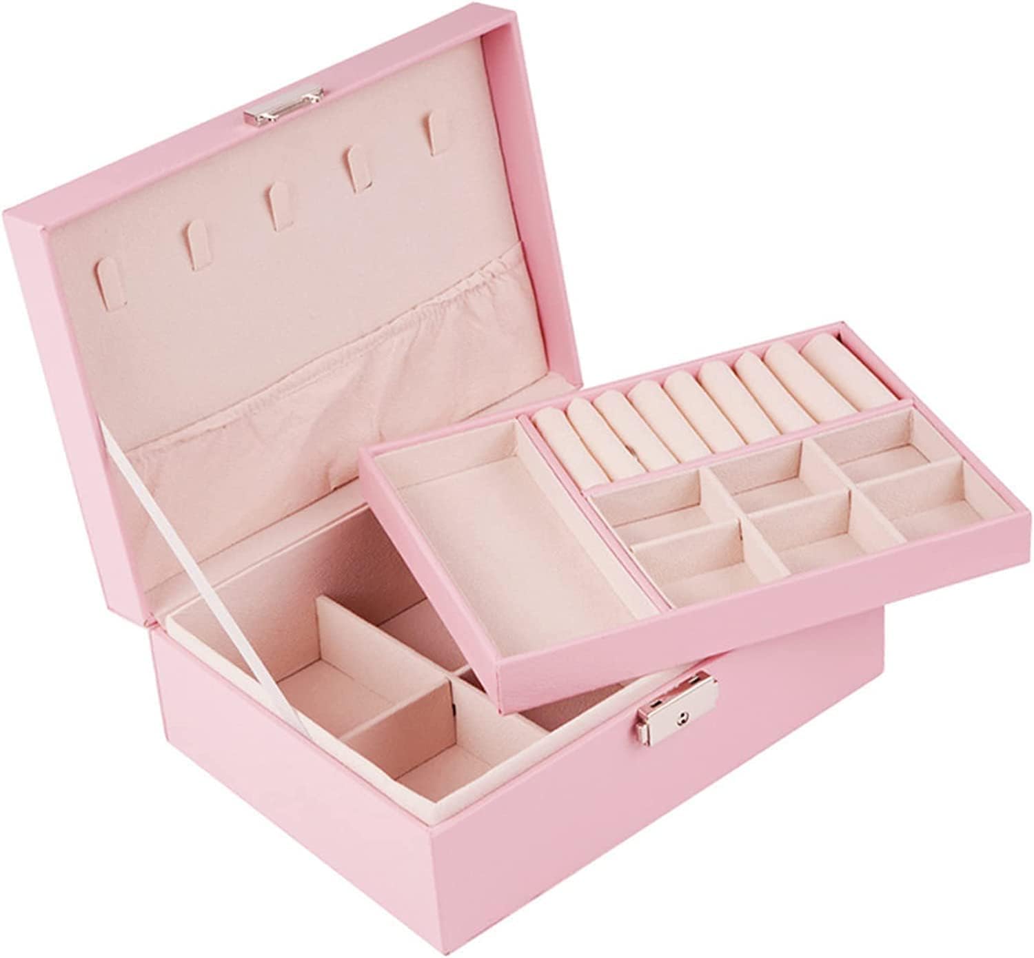 LUKADAHJewelry Box Organizer Case Women Girls : Large Display Storage, Travel Jewel Holder, Removable Tray, Earrings, Necklace, Bracelet Partition- Lockable - Soft Velvet. Sister, Wife, Wedding Gift - Pink