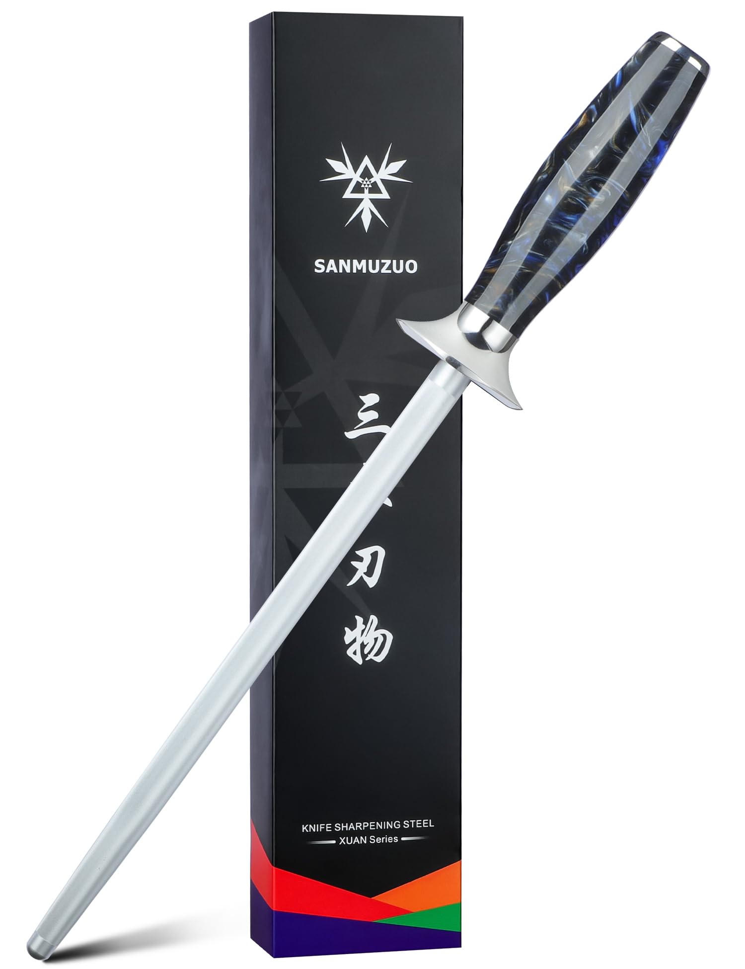 Profesional Cocina Afilar Varilla 23 cm, Afilador de Cuchillos de Acero con mango de resina, serie XUAN (Negro Estrellado)