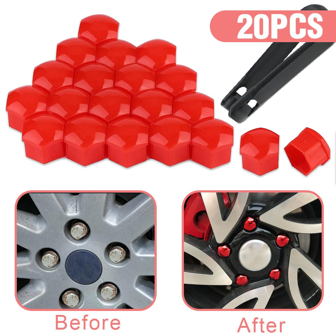 20 Pezzi Copri Dadi Ruota 17Mm Copridado Bullone Ruota Copri Dado Esagonale Per Pneumatici Con Set Di Strumenti Di Rimozione Per Auto Rosso