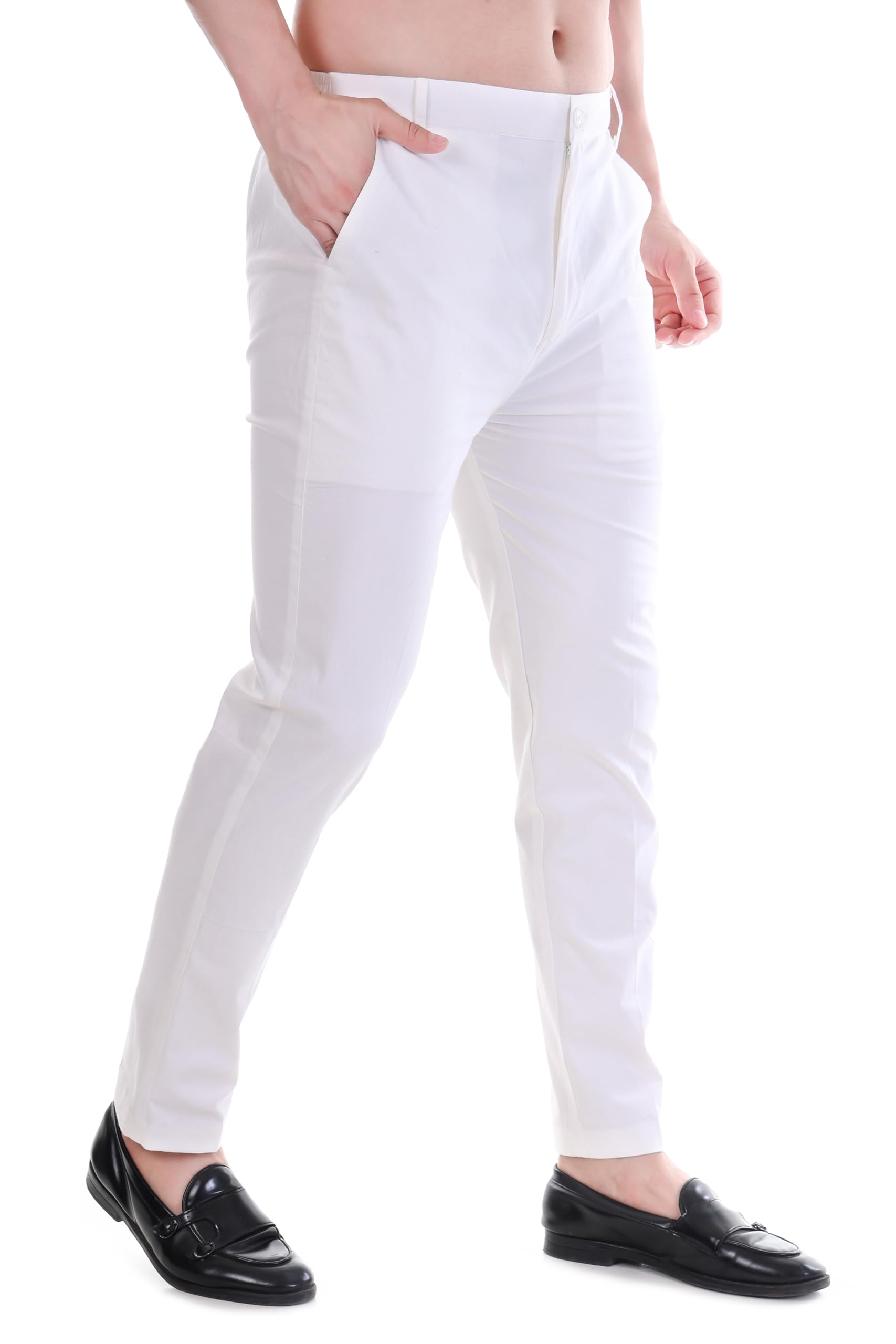 Classic Cotton Trousers, Slim Fit, White Pants for Men, Strechable Lycra Cotton Pant, Elastic Waistband with Button Closure-picture-51