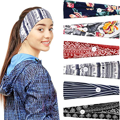 6 Pieces Elastic Print Headbands with Button, Elastic Buttons Headbands Boho Yoga Workout Running Turban Soft Non Slip Wide Turban Headwrap Ear Protection Holder for Nurses Doctors Friends