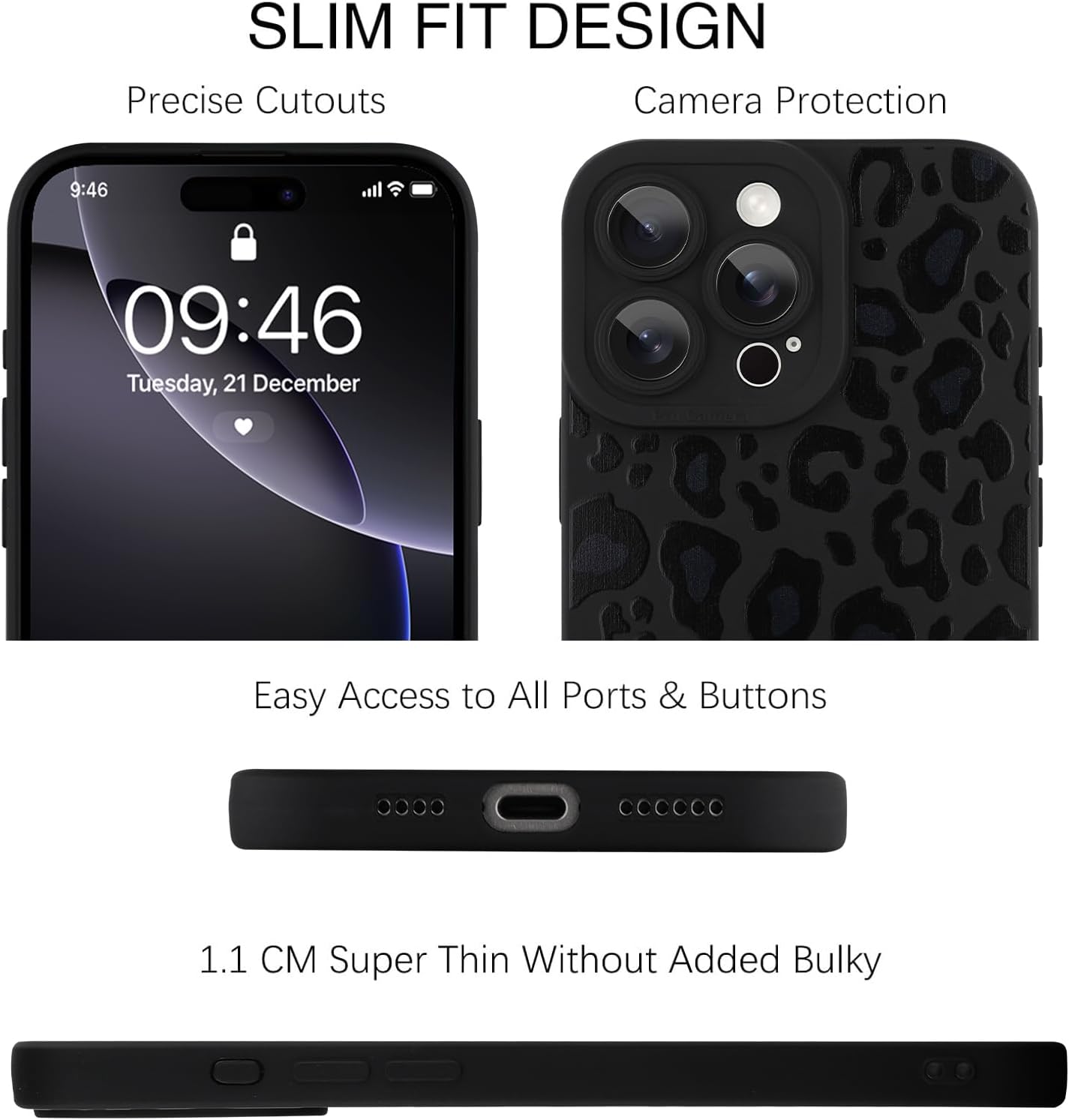 TEAUGHT Compatible with iPhone 16 Pro Case Cute Pattern Black Leopard Print Cheetah Camera Protection Cover, Cheetah Pattern Phone Case Silicone for Girls Women - Image 2