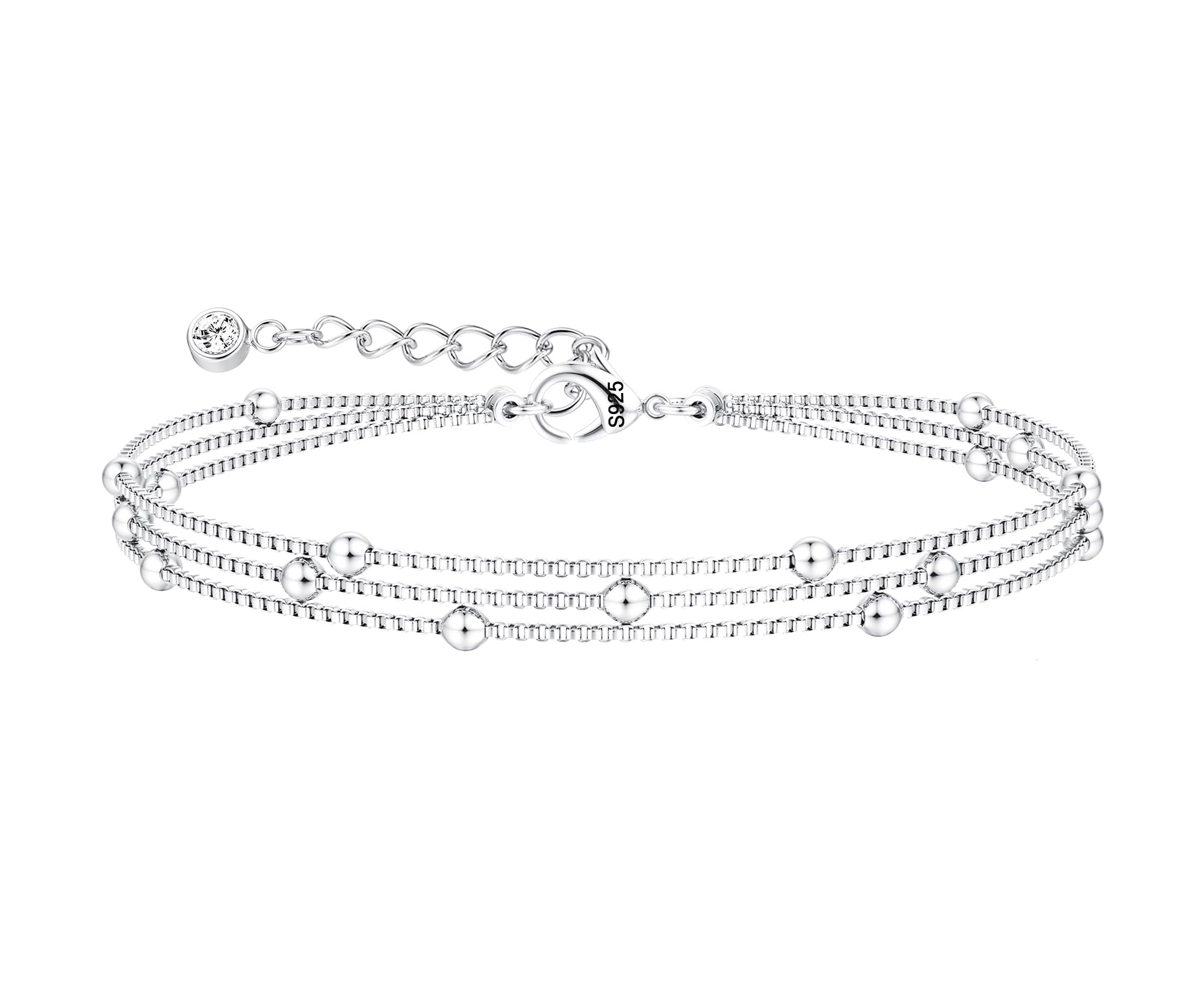 FIOROYAL Pulsera Mujer - 925 Pulseras de Plata -Tres Capas Cadena con Cuentas Ajustable Apilables Pulseras Joyería Regalos para Mujer Niñas