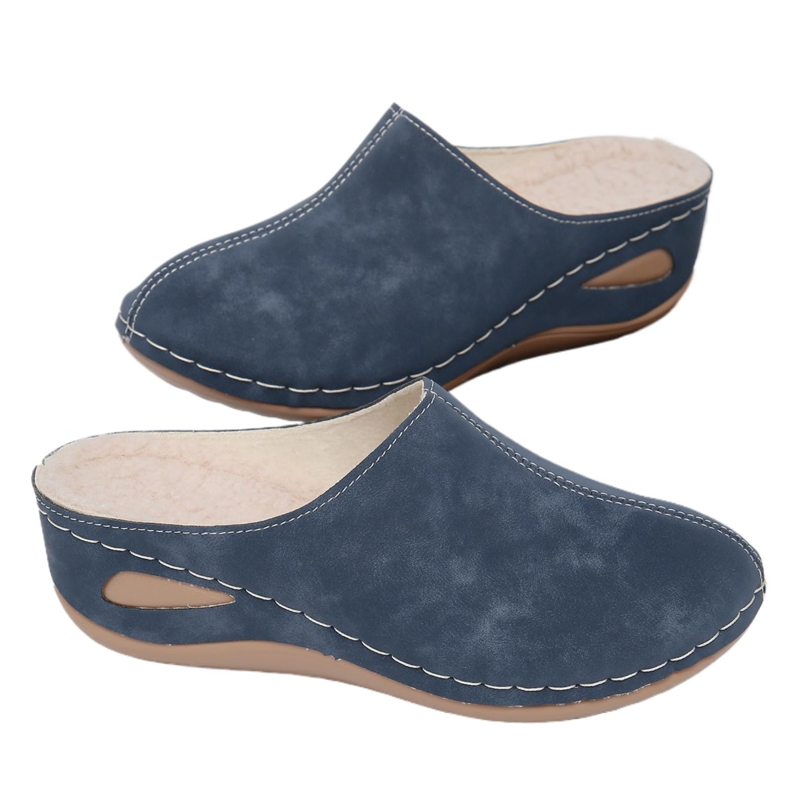 Zuecos con forro de piel para mujer, con plataforma de cuña cómoda, cálidas, para invierno, acogedoras, de ajuste ancho, de gamuza sin espalda