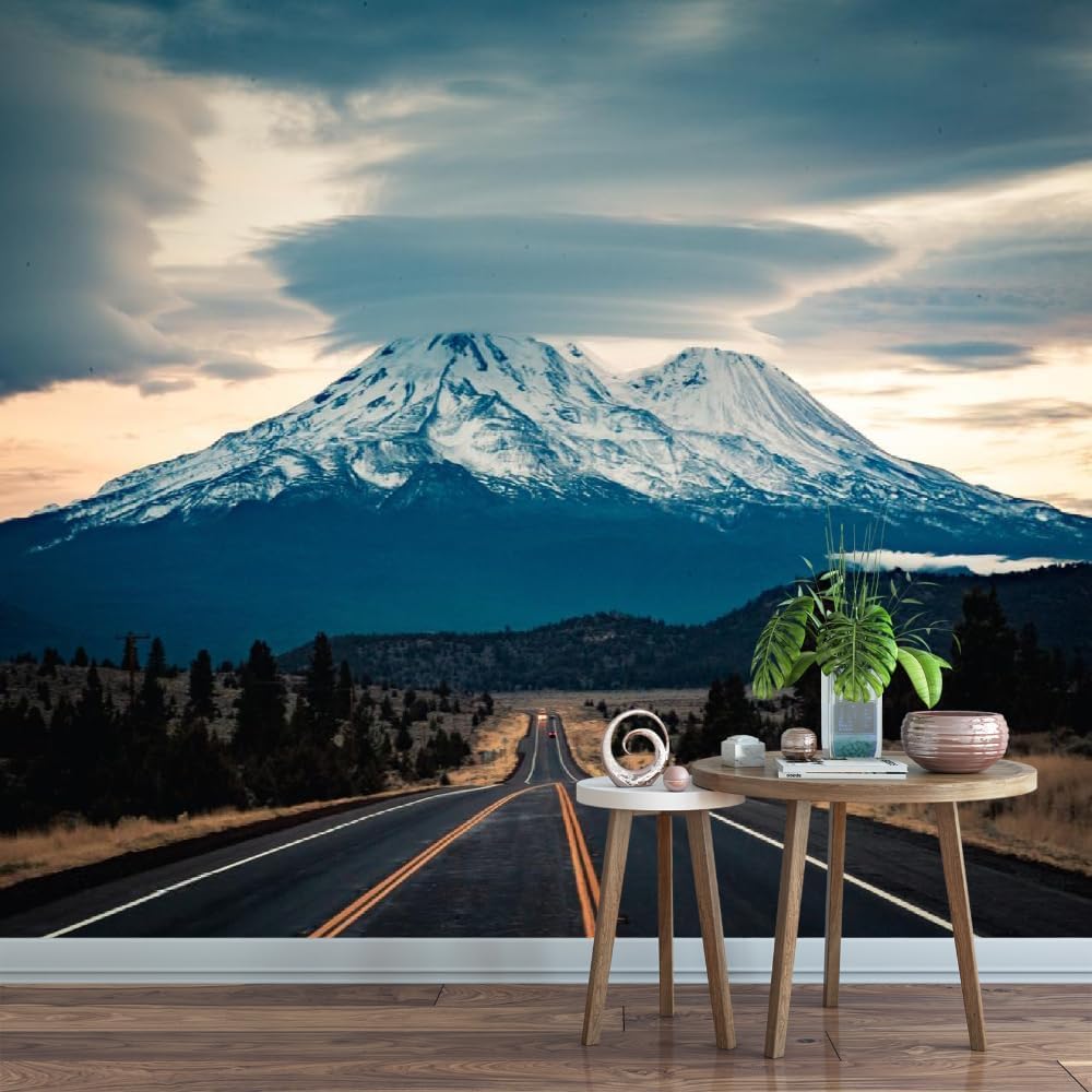 Snow Mountain Forest Peel and Stick Wall Mural, Mountain Asphalt Road Removable Sticker,for Bedroom Living Room,Home Decor TV Background Art Wall Painting Wall,59" W x 39.4" H-PVC