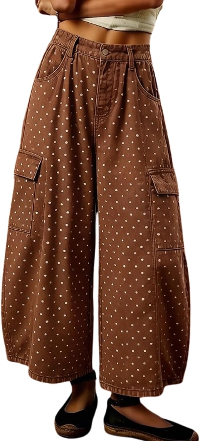chouyatou Women's Baggy Wide Leg Jeans Polka Dot Printed Denim Palazzo Pants Crop Y2K Boyfriend Jeans
