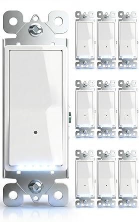 10Pack SOZULAMP-Illuminated-Light-Switch with Night Light, No Neutral Wire, Single Pole Decorator Rocker Switch, Dusk to Dawn LED Guide Light for Hallway Bathroom Stairs, 15A 120/277V, White