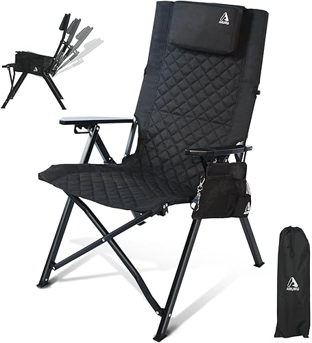 Miniatura 14 de Silla reclinable de campamento, sillas plegables resistentes con respaldo alto ajustable de 4 etapas para adultos, silla reclinable compacta y