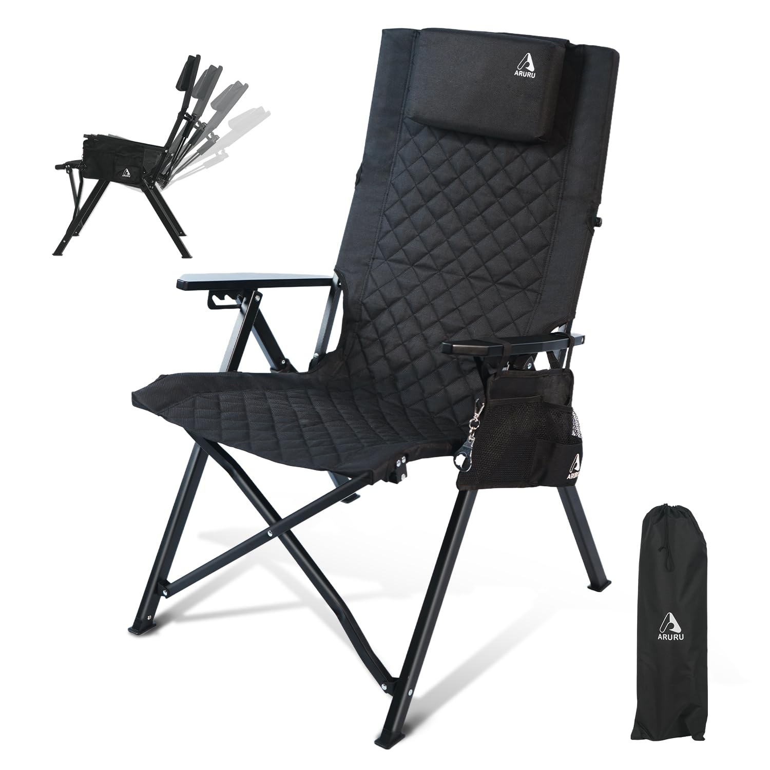Campingstuhl Faltbar, Hochlehner Rückenverstellbar in 4 Positionen bis 150 KG Klappstuhl Gartenstuhl Getränkhalter mit Seitentasche Angelstuhl Outdoor Für Camp Garten Balkon (Schwarz)