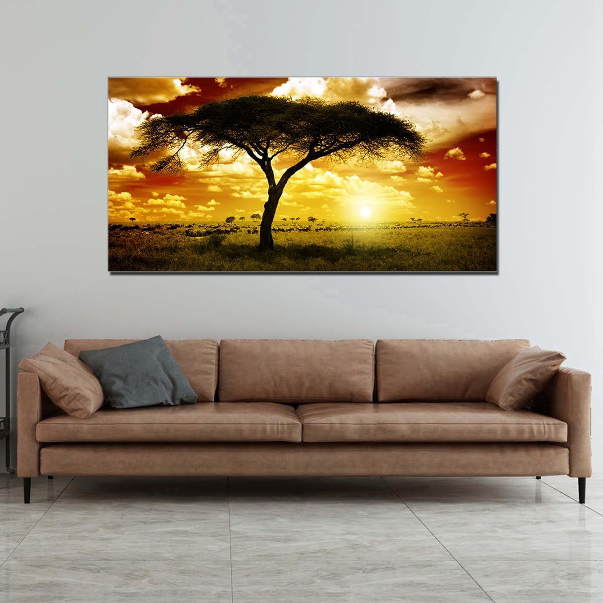 Large Artwork Living Room Wall Art African Trees Landscape Earth Tones Sunset Dusk Animal Office Bedroom Framed Canvas Print Home Decor 30x60inch Abstract Yellow Wall Décor