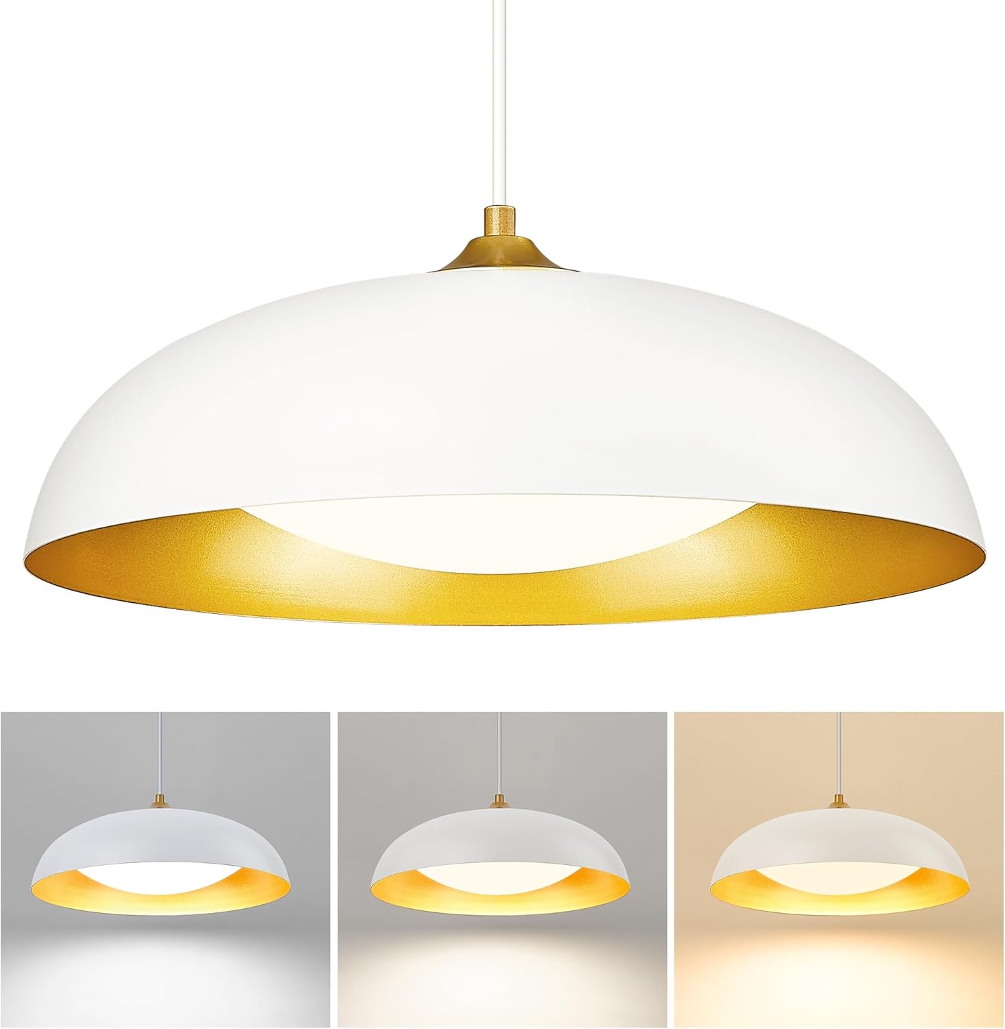 kudos LED Pendant Light Fixtures, Modern White and Gold Pendant Lights, 15 Inch Large Hanging Light Fixtures for Kitchen Island, Dining Room, Living Room, Bedroom, 5CCT Adjustable, KDPL02-WT White 1-Light
