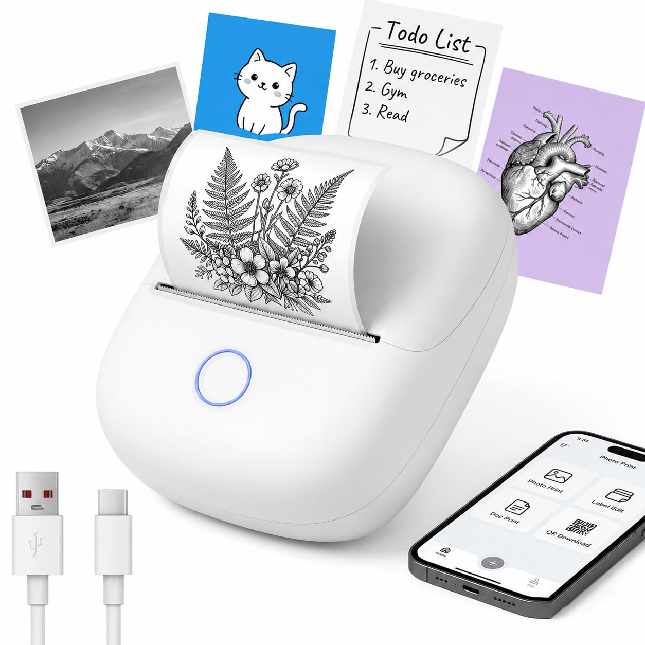 Mini Printer for Bluetooth Mobile, Thermal Portable Labeling Machine | Self-Adhesive Machine Labels for Office, School, Shop, White, Adhesive Label Printer