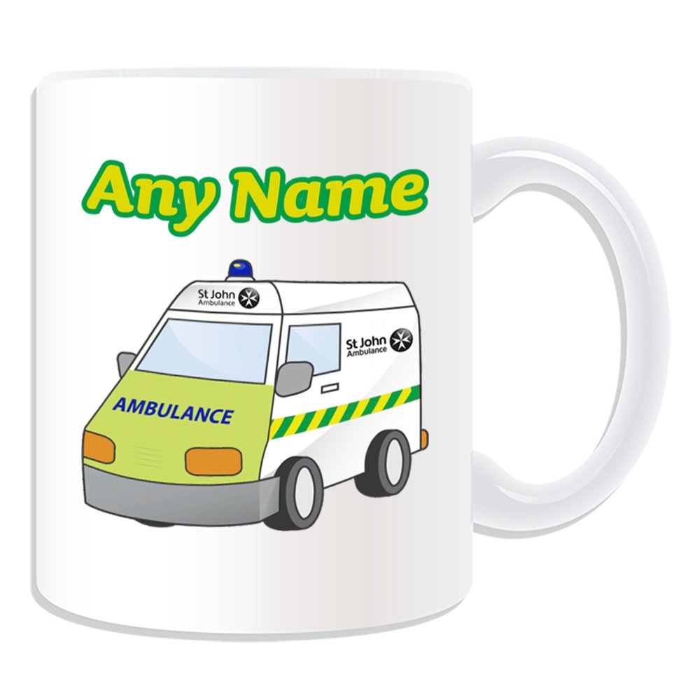 Personalised Gift - St John Ambulance Mug (Transport Design Theme, White) - Any Name / Message on Your Unique - NHS Van Vehicle Hospital St John Red Cross Paramedic Emergency Services 999 Driver Automobile