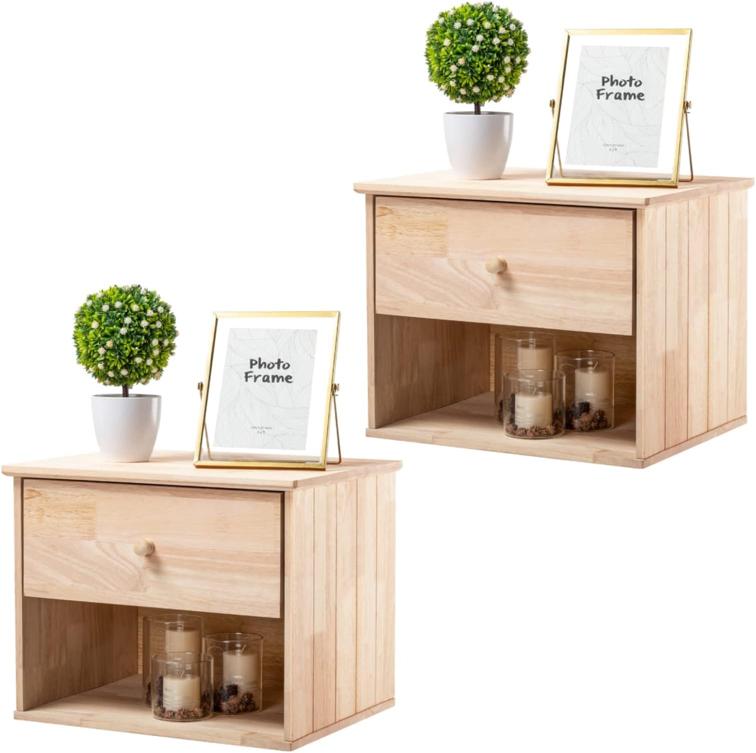 Unfinished Natural Solid Wood Floating Nightstand for Bedroom Set of 2, Small Nightstand with Drawer & Open Shelf, Farmhouse Night Stand Wall-Mounted Bedside Table for Small Space Color DIY